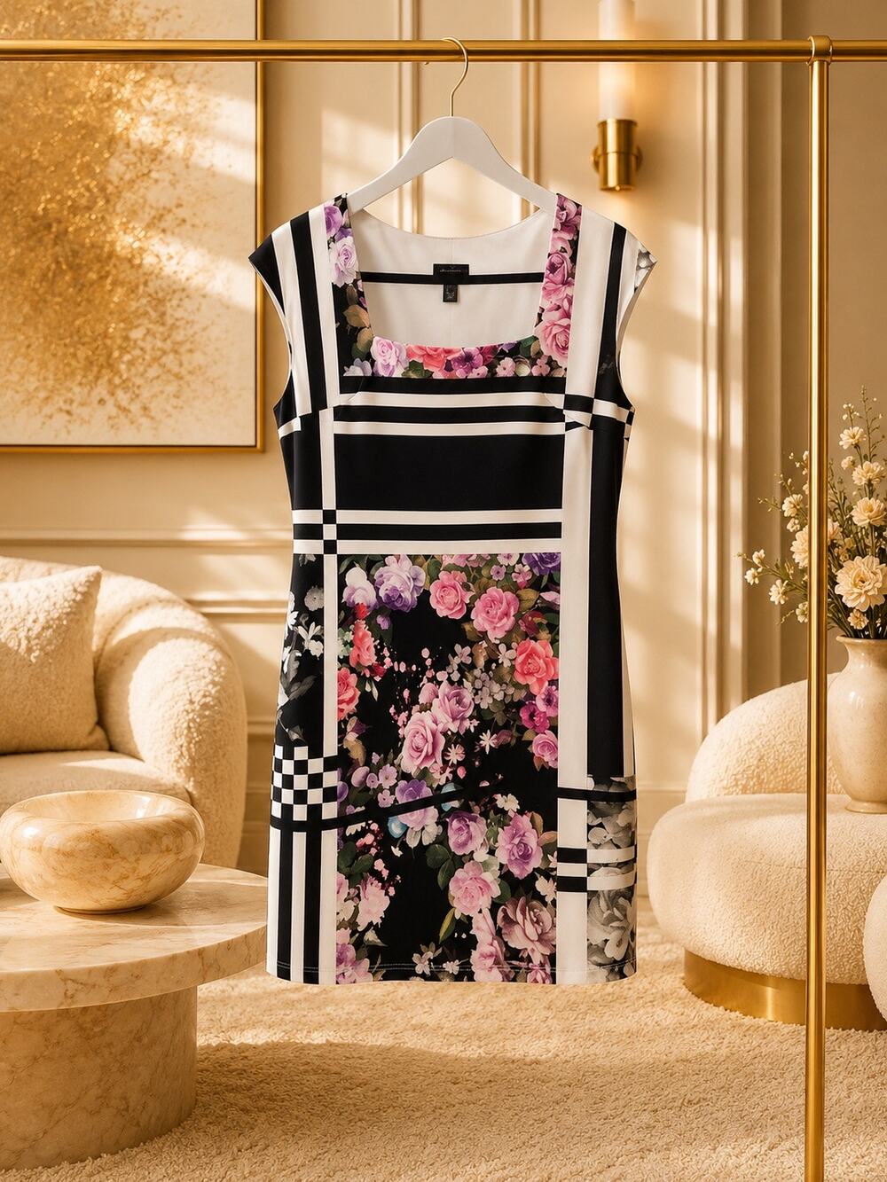 Cartise Dress Women’s 10 Black White Floral Colorblock Shift Sheath NWT Career